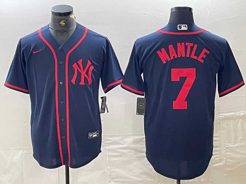 Mens New York Yankees #7 Mickey Mantle Navy Red Fashion Cool Base Jersey